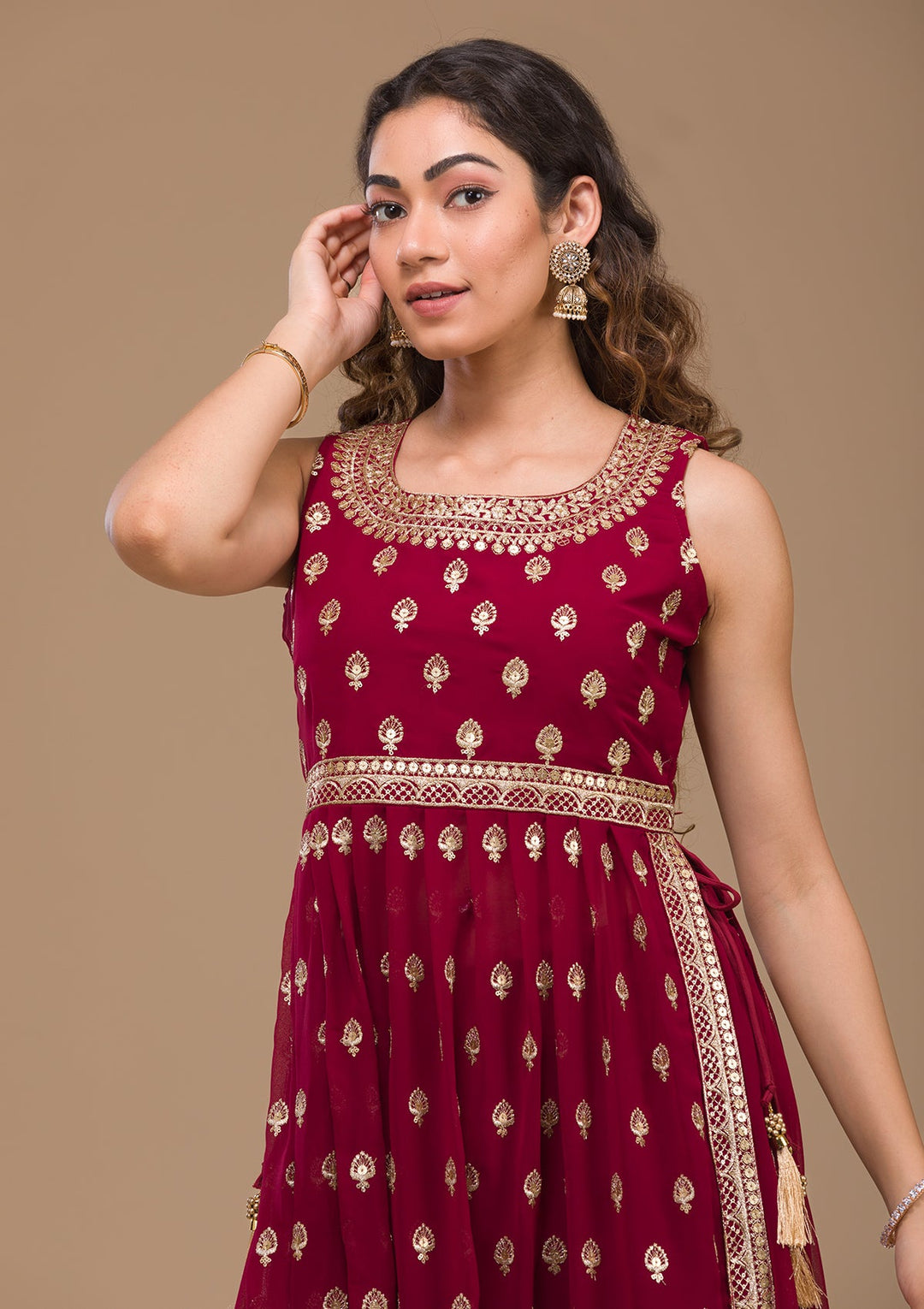 Maroon Zariwork Georgette Readymade Salwar Kameez-Koskii