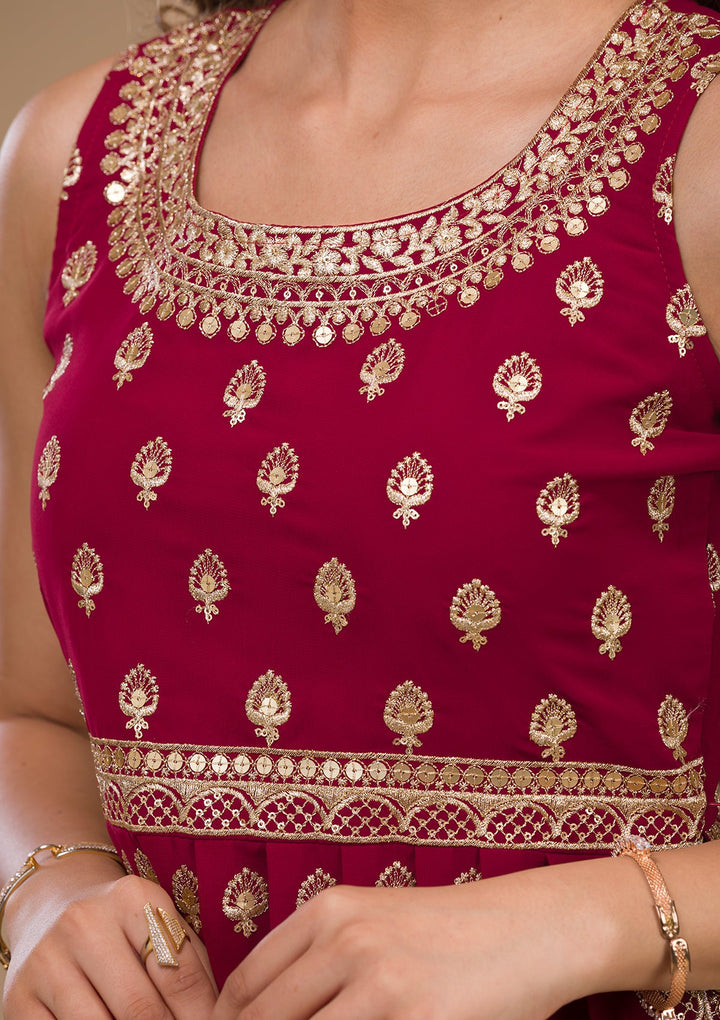 Maroon Zariwork Georgette Readymade Salwar Kameez-Koskii