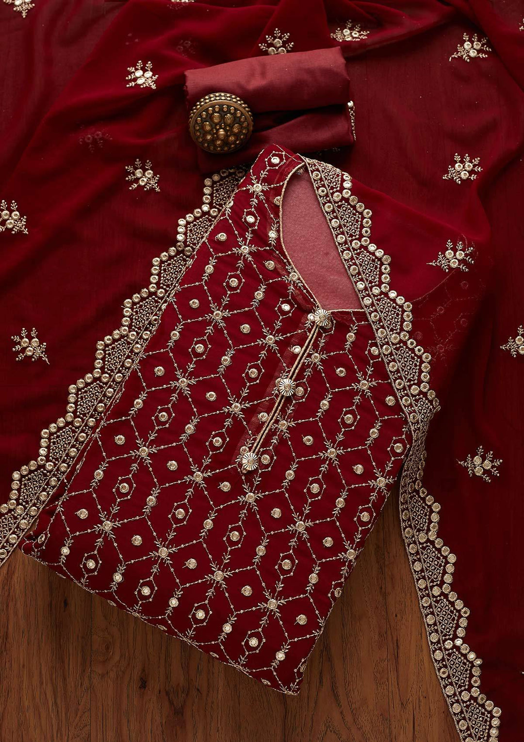 Maroon Zariwork Georgette Designer Semi-Stitched Salwar Suit - Koskii