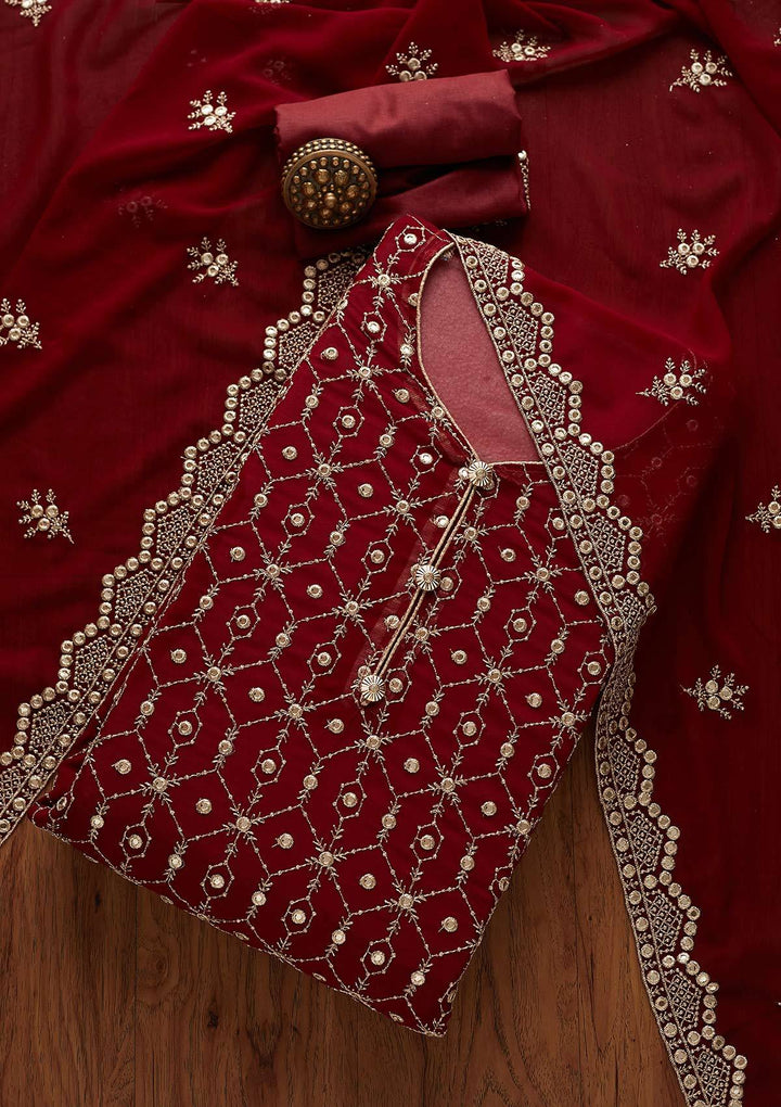 Maroon Zariwork Georgette Designer Semi-Stitched Salwar Suit - Koskii