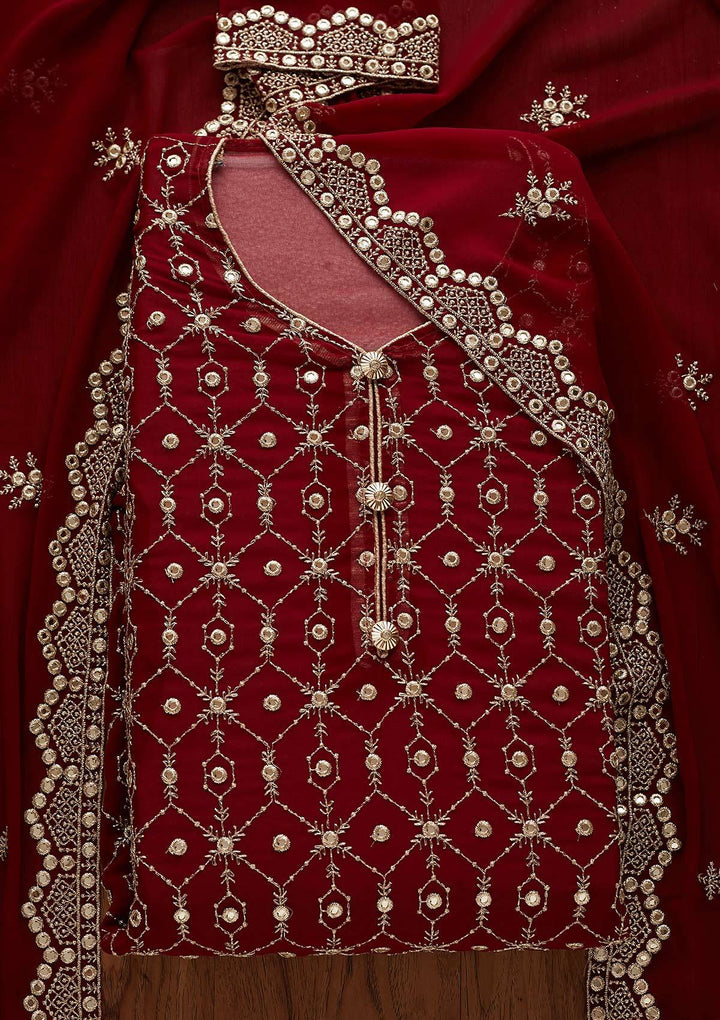 Maroon Zariwork Georgette Designer Semi-Stitched Salwar Suit - Koskii