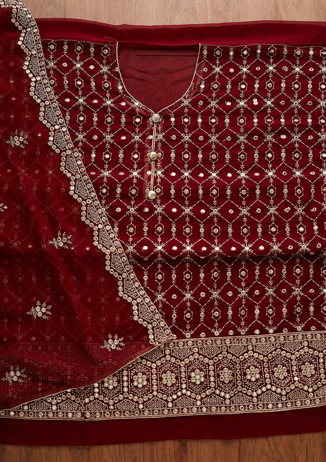 Maroon Zariwork Georgette Designer Semi-Stitched Salwar Suit - Koskii