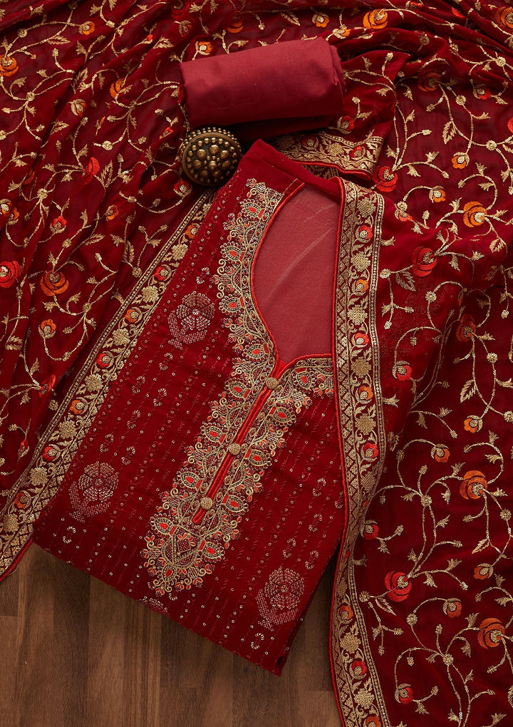 Maroon Zariwork Georgette Designer Semi-Stitched Salwar Suit - Koskii