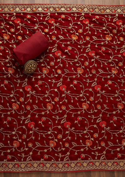 Maroon Zariwork Georgette Designer Semi-Stitched Salwar Suit - Koskii