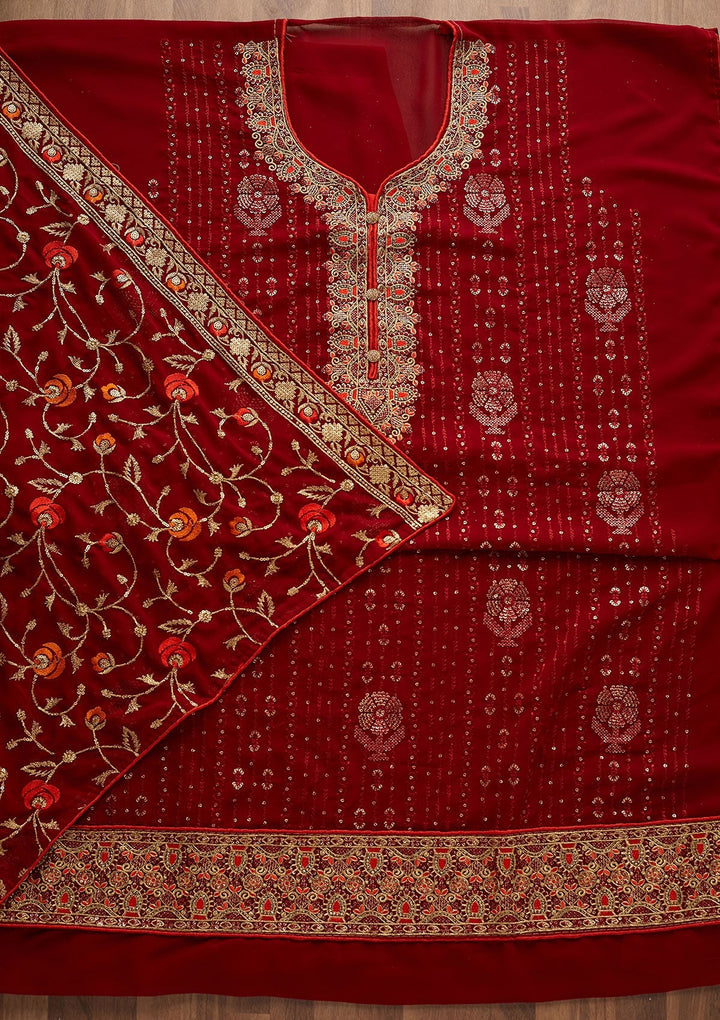 Maroon Zariwork Georgette Designer Semi-Stitched Salwar Suit - Koskii