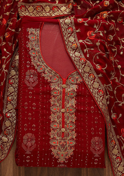 Maroon Zariwork Georgette Designer Semi-Stitched Salwar Suit - Koskii