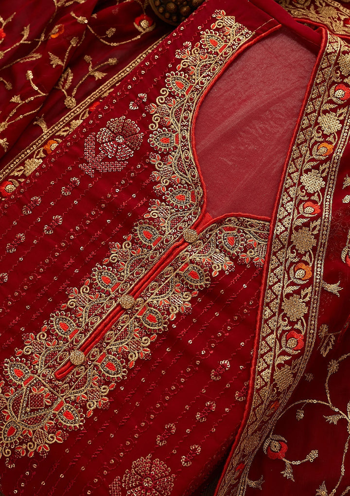 Maroon Zariwork Georgette Designer Semi-Stitched Salwar Suit - Koskii