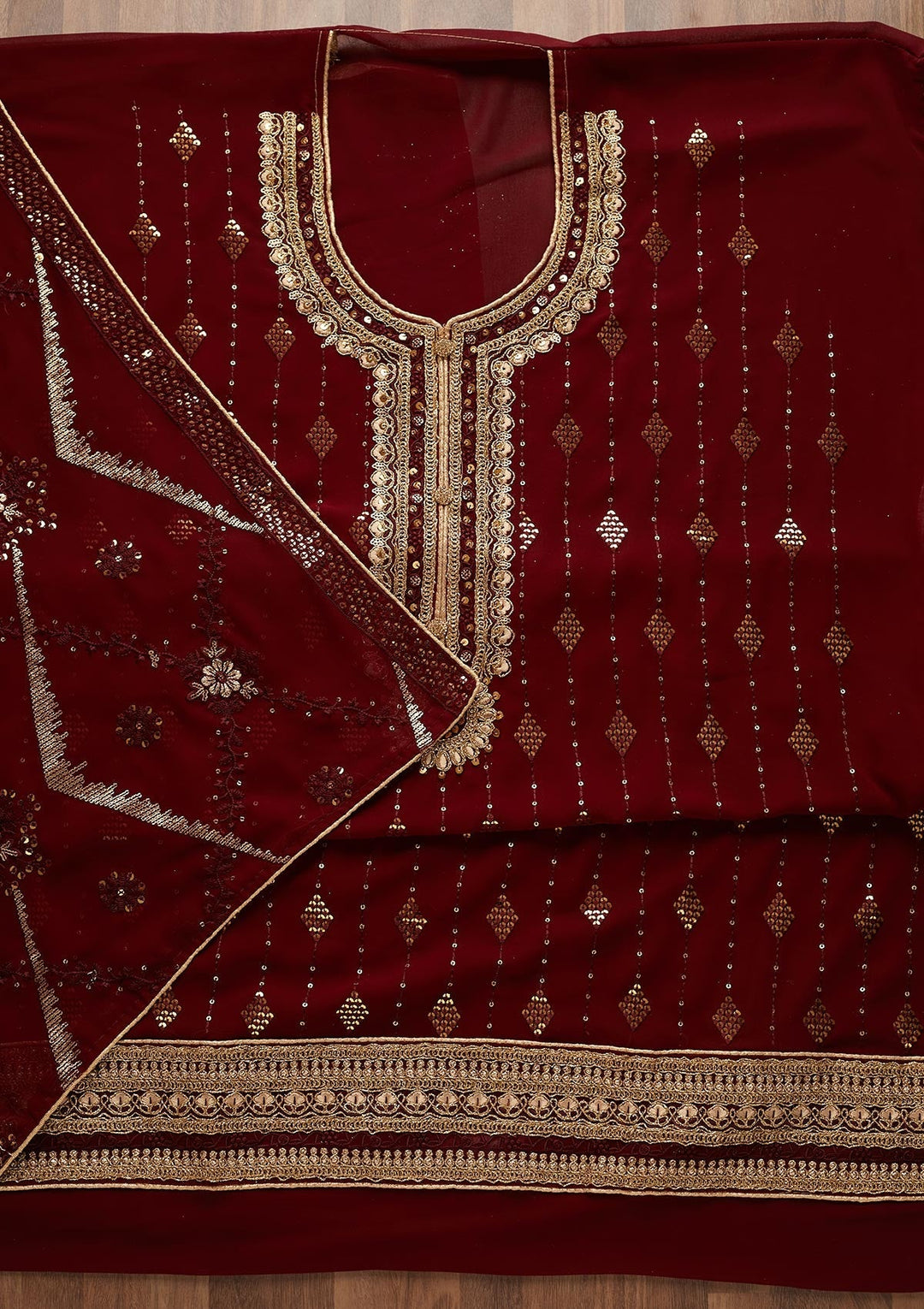 Maroon Zariwork Georgette Semi-Stitched Salwar Suit - Koskii