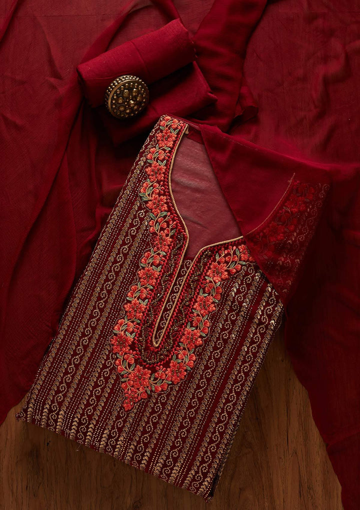 Maroon Zariwork Georgette Designer Unstitched Salwar Suit - koskii