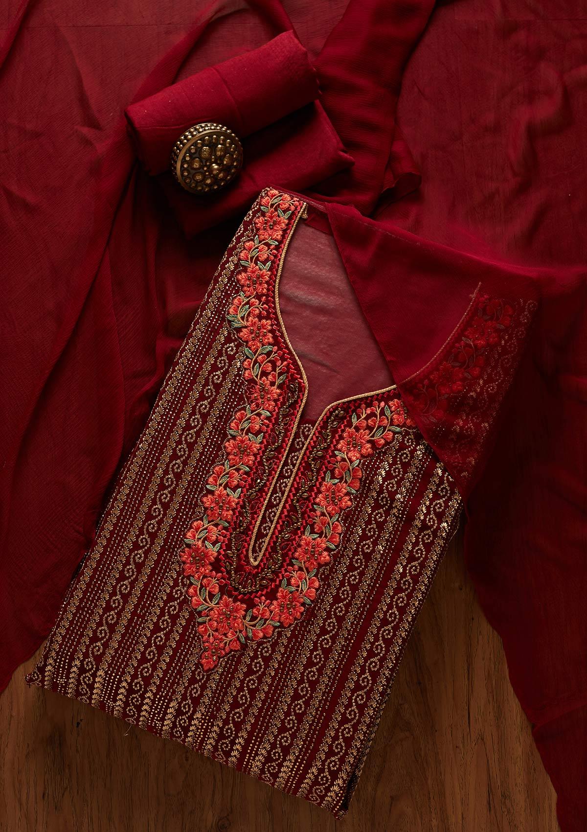 Maroon Zariwork Georgette Designer Unstitched Salwar Suit - koskii