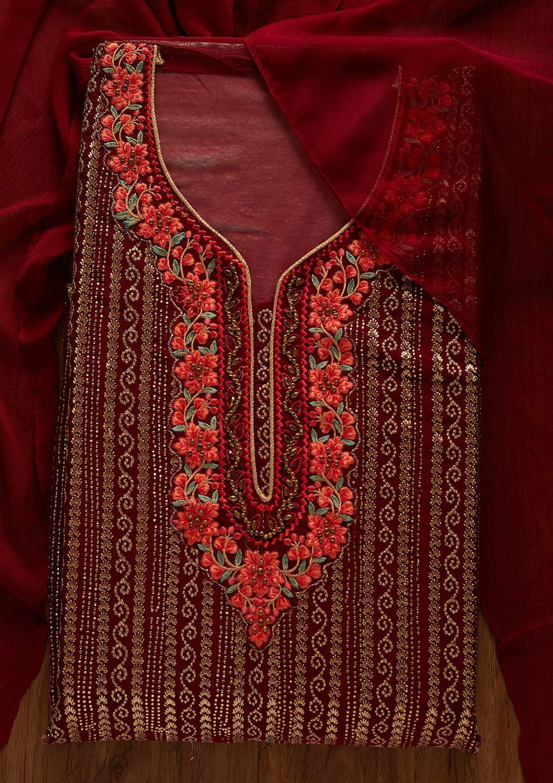 Maroon Zariwork Georgette Designer Unstitched Salwar Suit - koskii