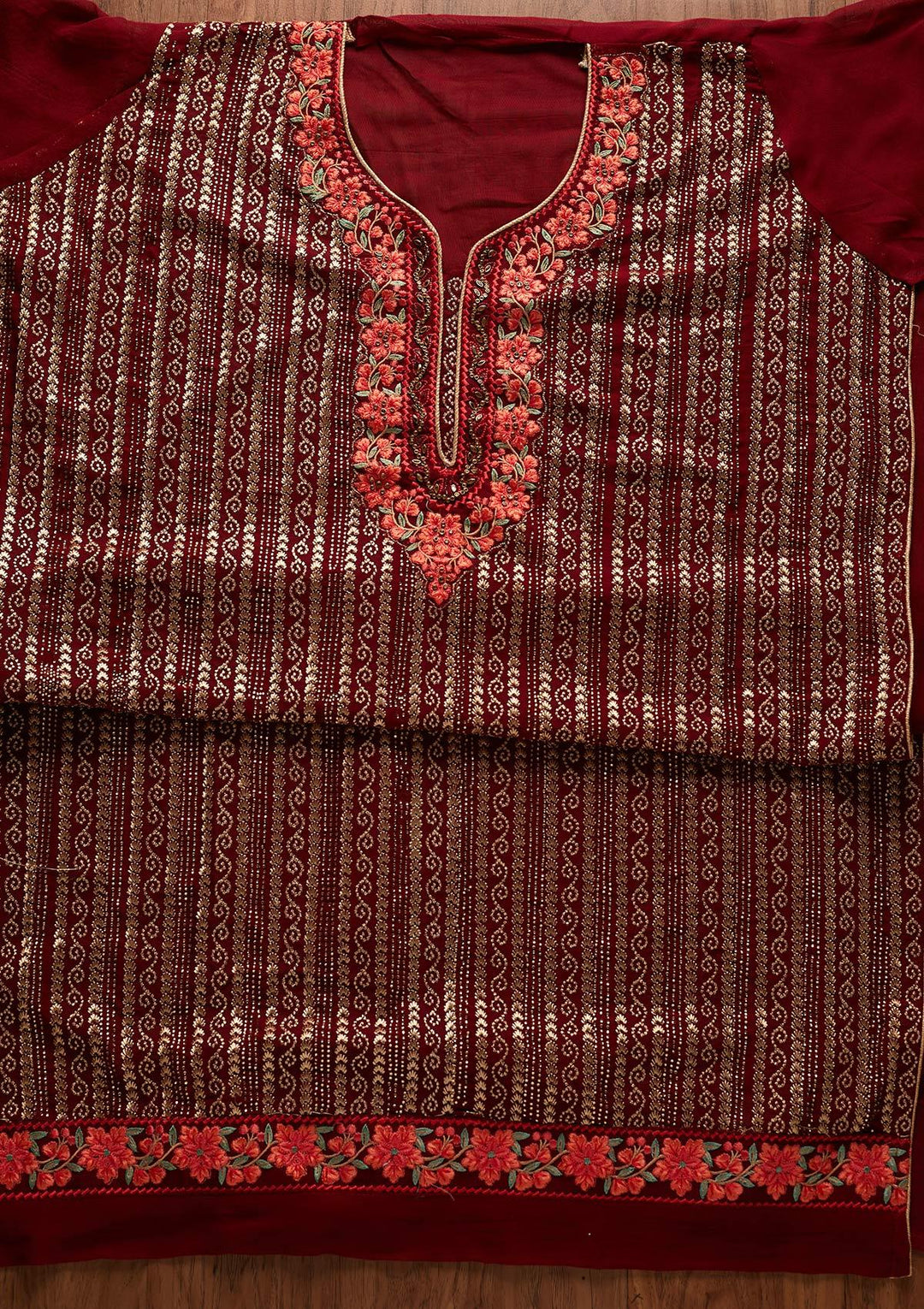 Maroon Zariwork Georgette Designer Unstitched Salwar Suit - koskii