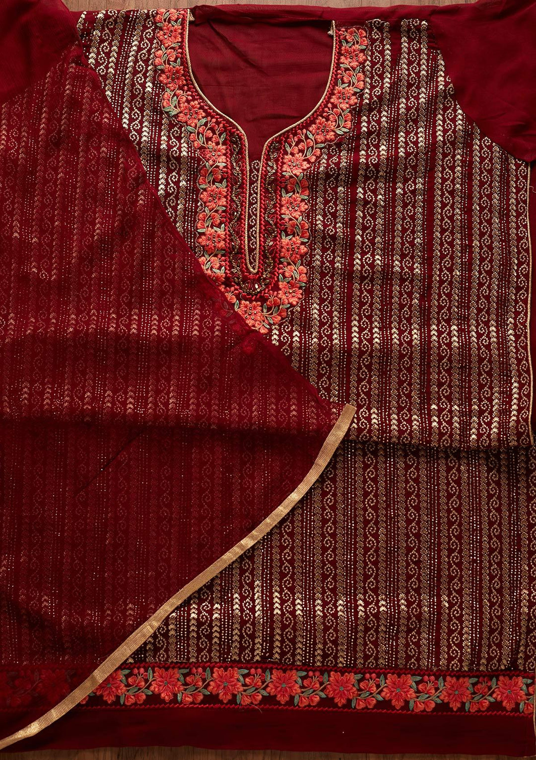 Maroon Zariwork Georgette Designer Unstitched Salwar Suit - koskii