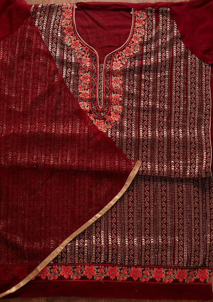 Maroon Zariwork Georgette Designer Unstitched Salwar Suit - koskii