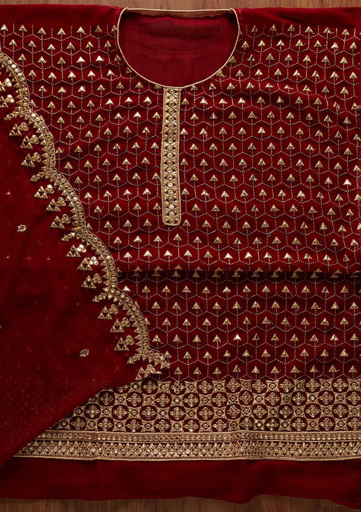 Maroon Zariwork Georgette Designer Unstitched Salwar Suit - koskii