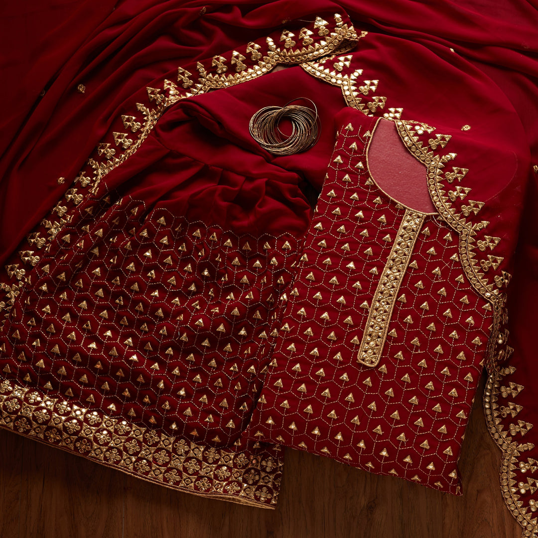 Maroon Zariwork Georgette Designer Unstitched Salwar Suit - koskii