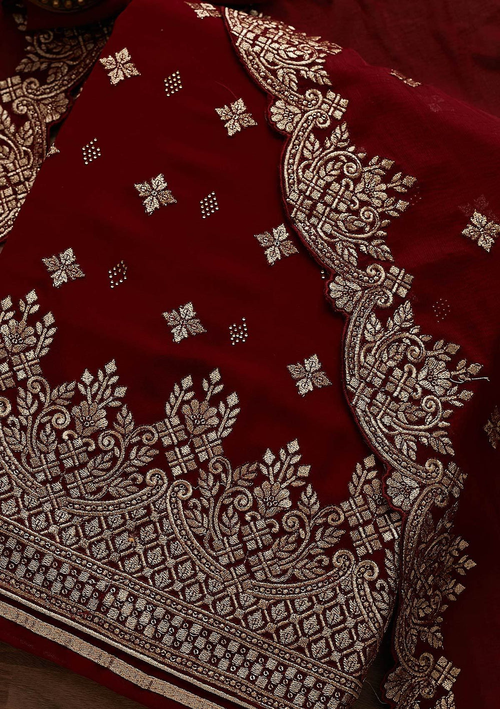 Maroon Zariwork Georgette Designer Unstitched Salwar Suit - Koskii
