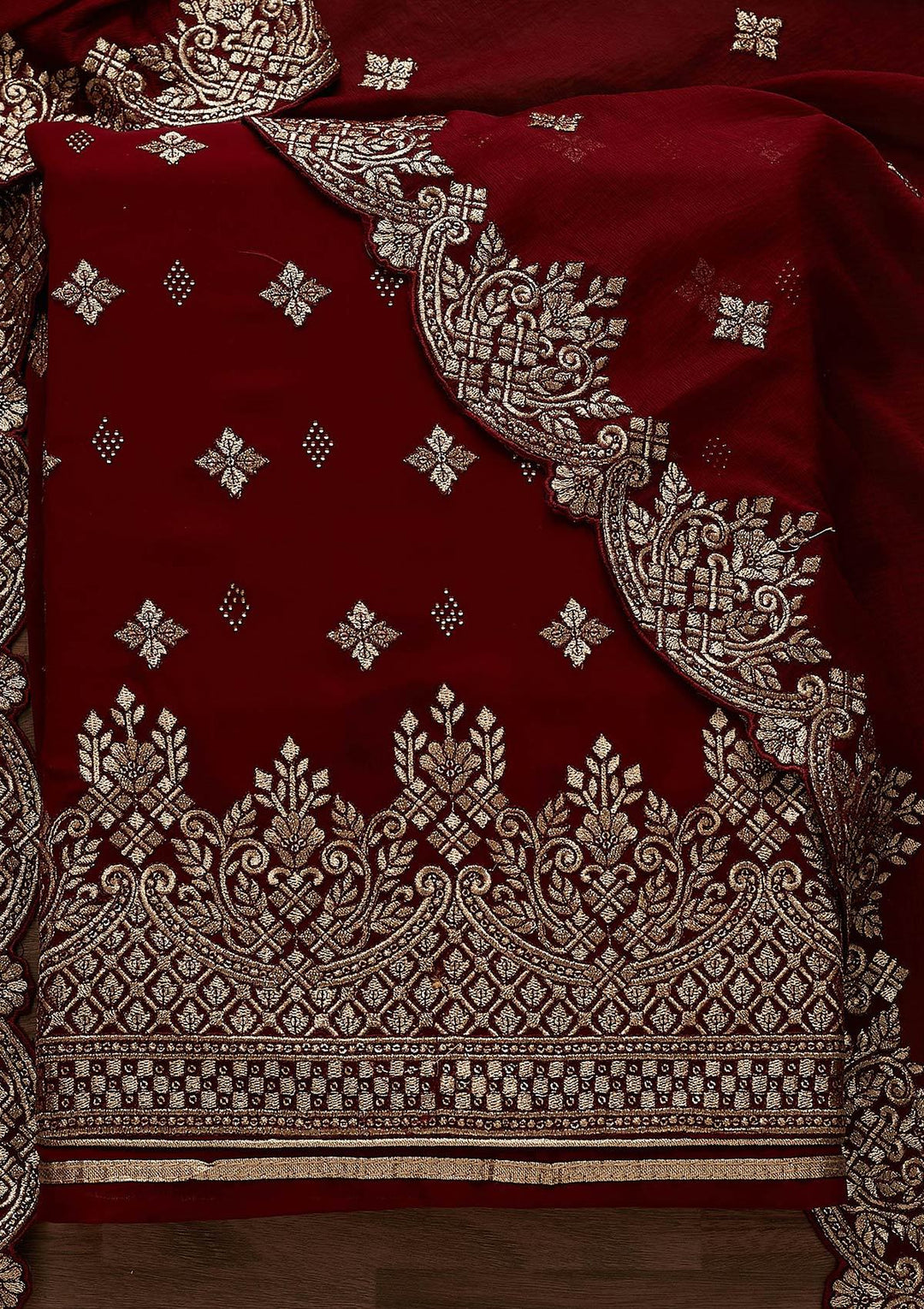 Maroon Zariwork Georgette Designer Unstitched Salwar Suit - Koskii