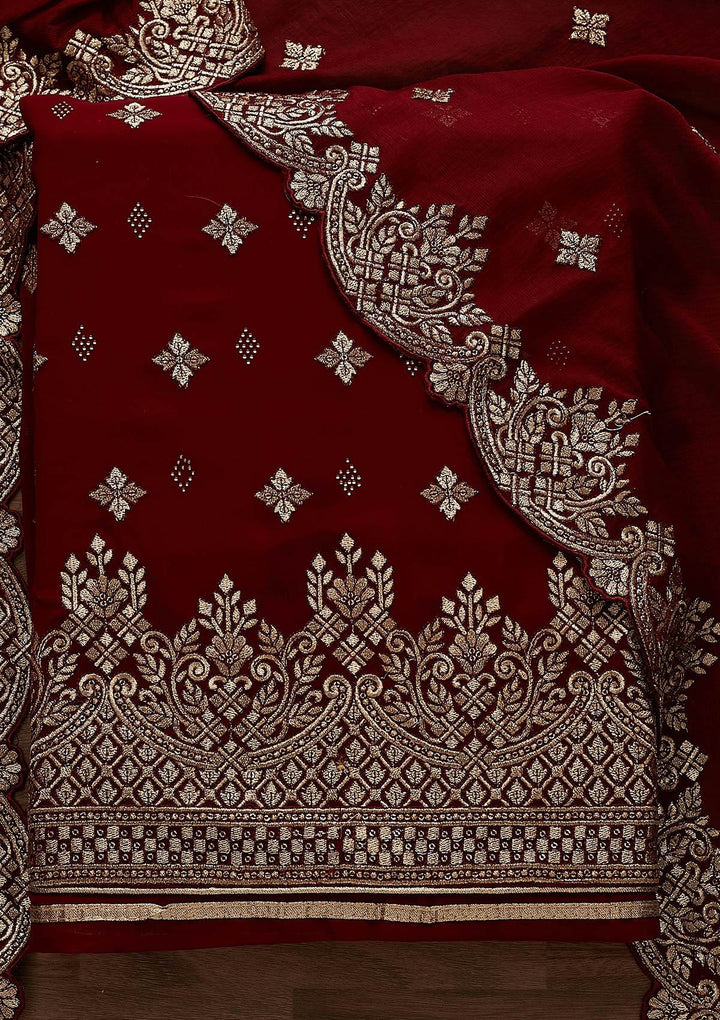 Maroon Zariwork Georgette Designer Unstitched Salwar Suit - Koskii