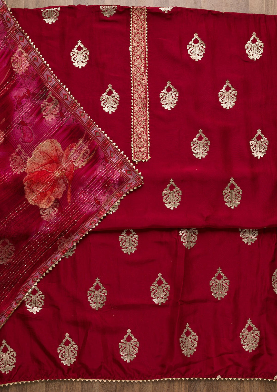 Maroon Zariwork Georgette Unstitched Salwar Suit-Koskii