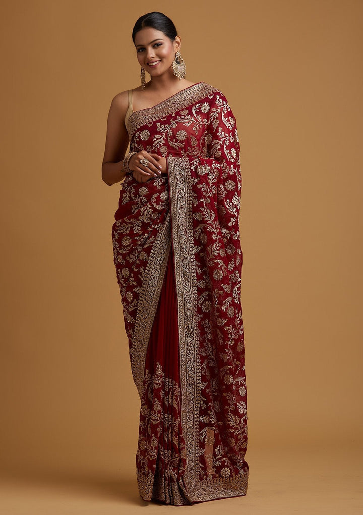 Maroon Zariwork Georgette Designer Saree - koskii