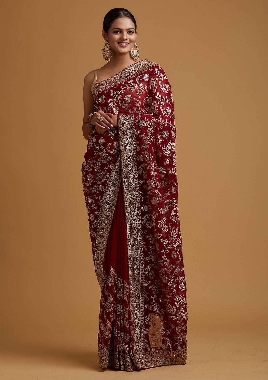 Maroon Zariwork Georgette Designer Saree - koskii