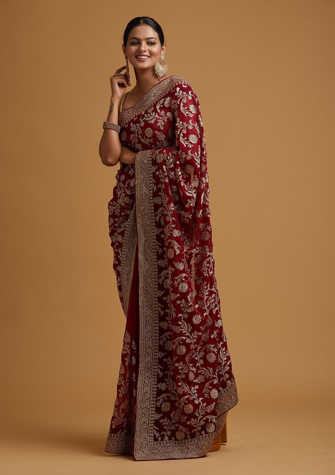 Maroon Zariwork Georgette Designer Saree - koskii