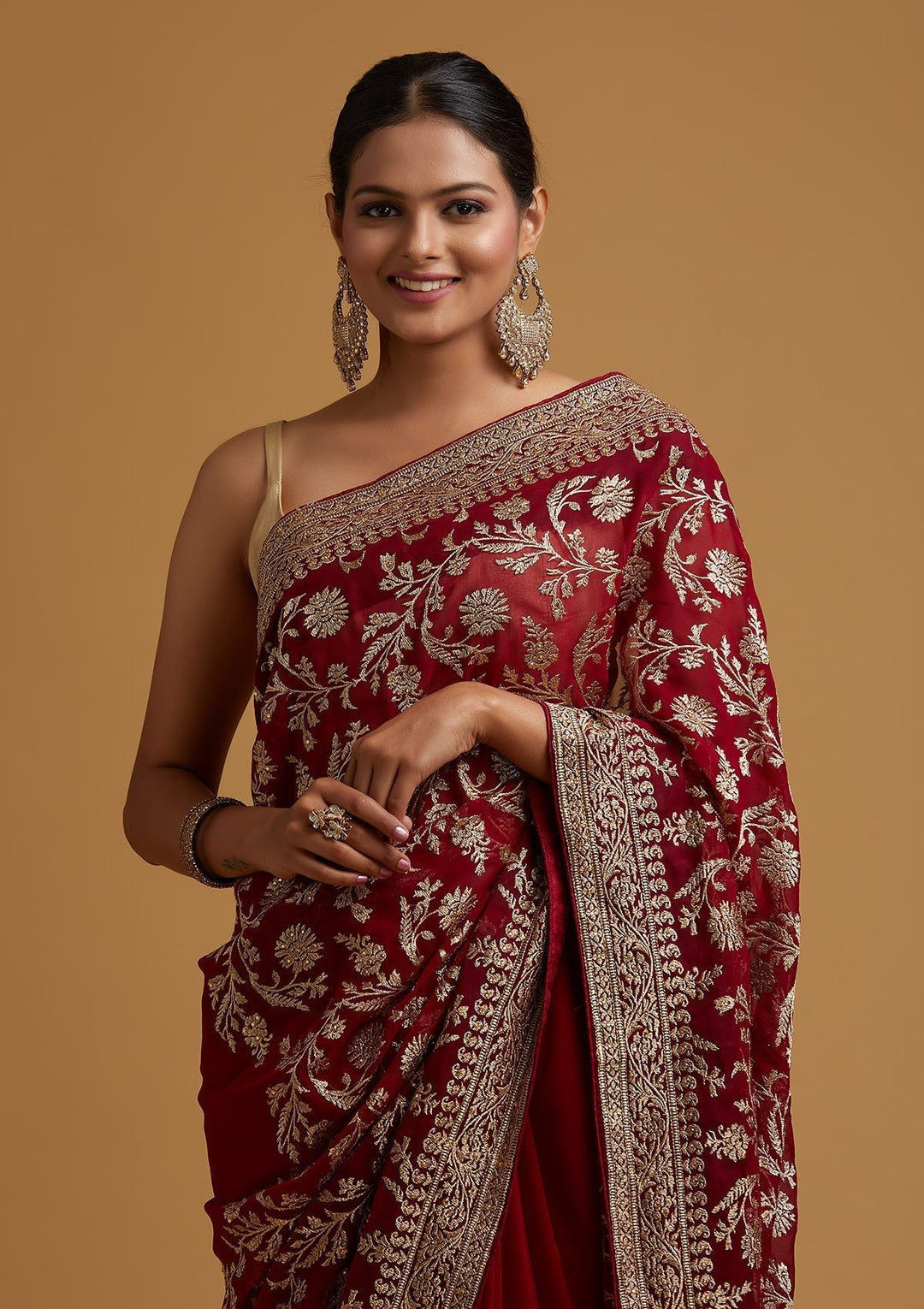 Maroon Zariwork Georgette Designer Saree - koskii