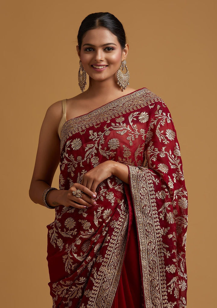 Maroon Zariwork Georgette Designer Saree - koskii