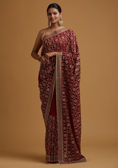 Maroon Zariwork Georgette Designer Saree - koskii