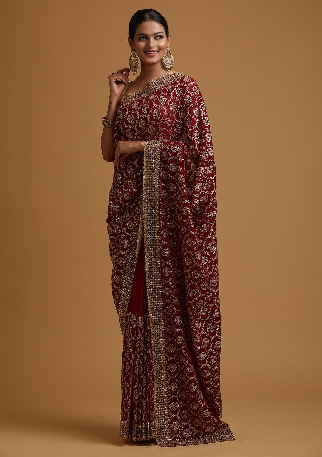 Maroon Zariwork Georgette Designer Saree - koskii
