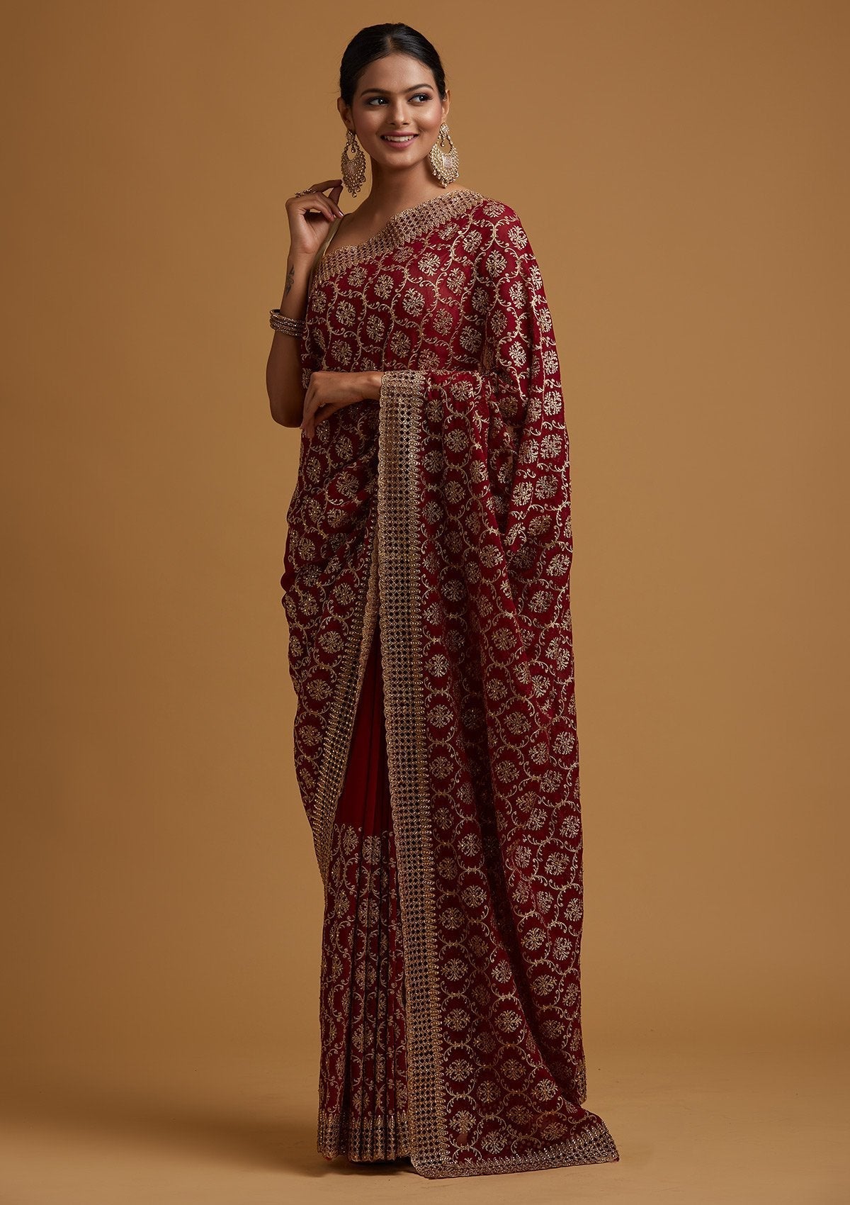 Maroon Zariwork Georgette Designer Saree - koskii
