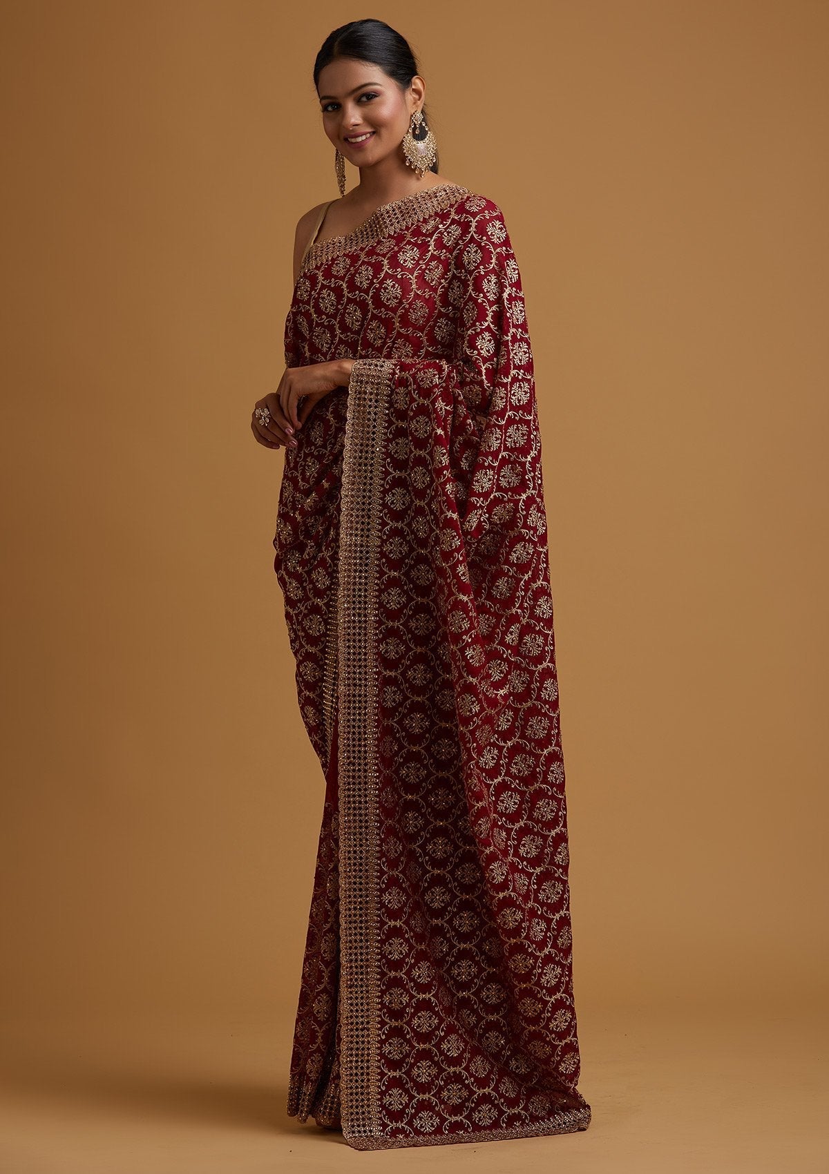 Maroon Zariwork Georgette Designer Saree - koskii