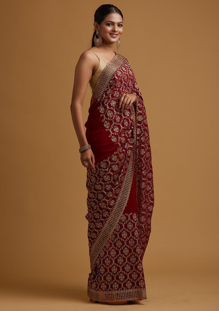 Maroon Zariwork Georgette Designer Saree - koskii