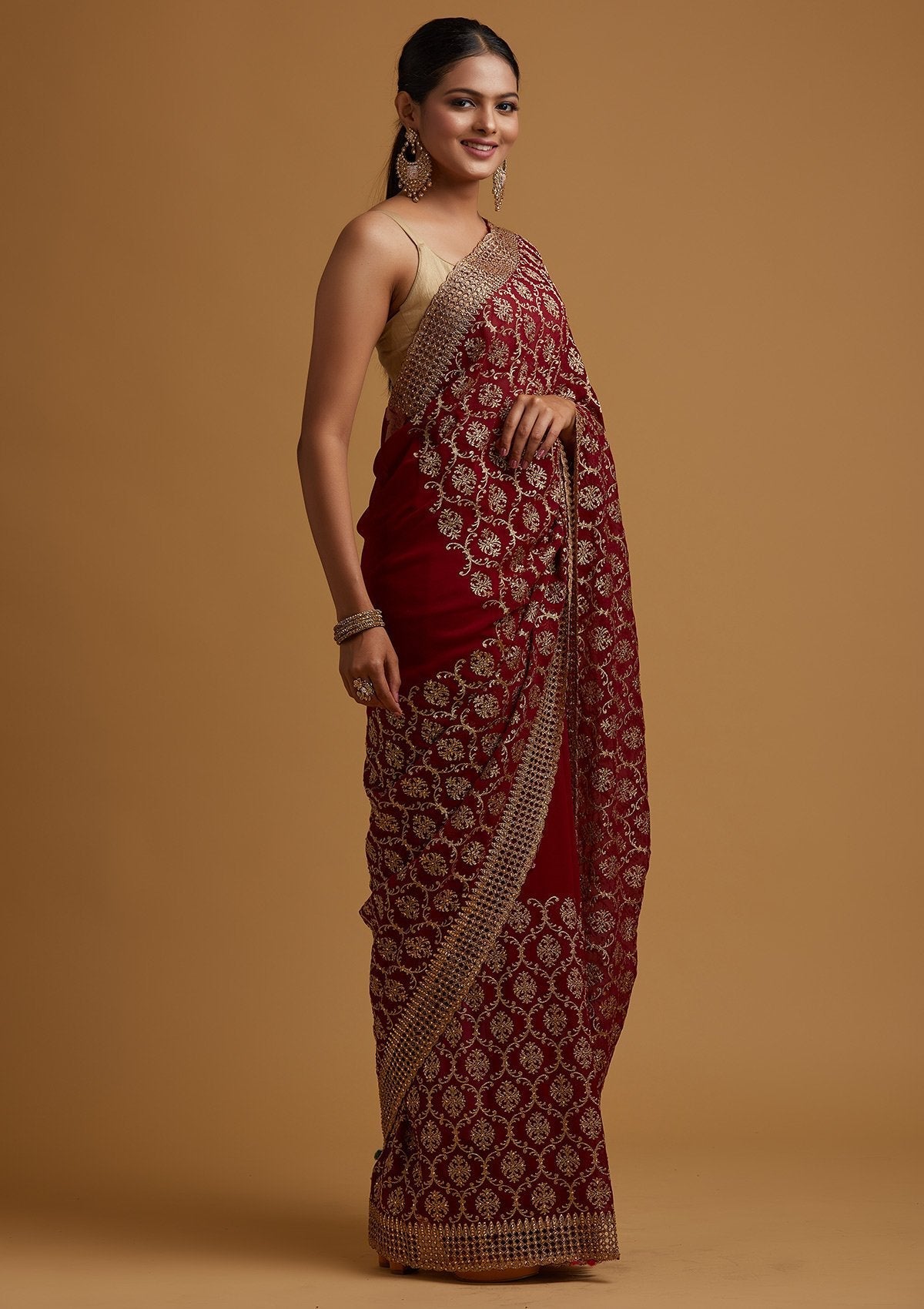 Maroon Zariwork Georgette Designer Saree - koskii