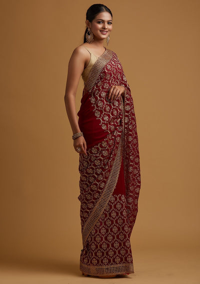 Maroon Zariwork Georgette Designer Saree - koskii