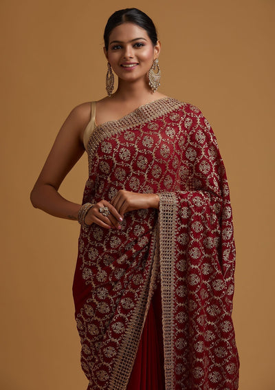 Maroon Zariwork Georgette Designer Saree - koskii