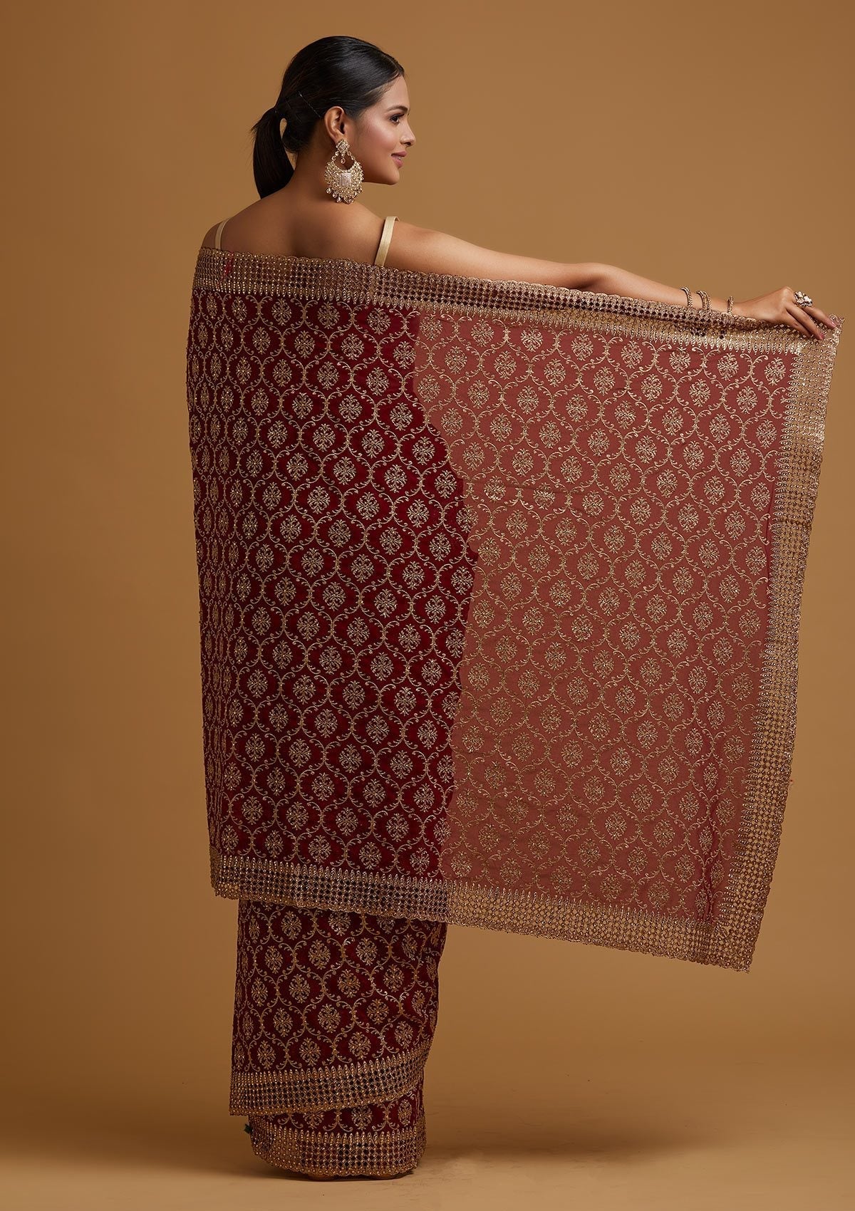 Maroon Zariwork Georgette Designer Saree - koskii