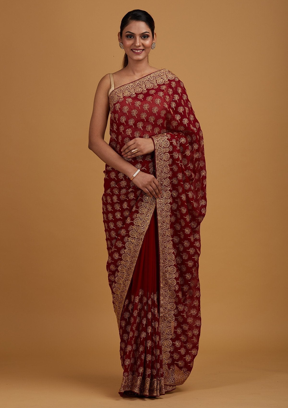 Buy Maroon Zariwork Georgette Designer Saree - Koskii