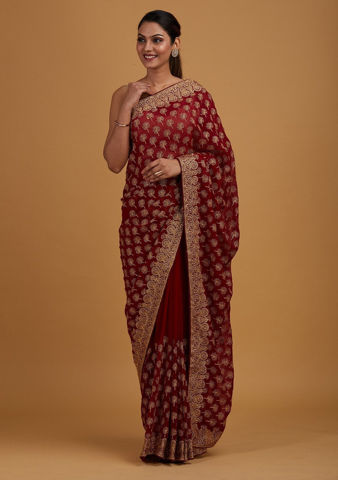 Maroon Zariwork Georgette Designer Saree - Koskii