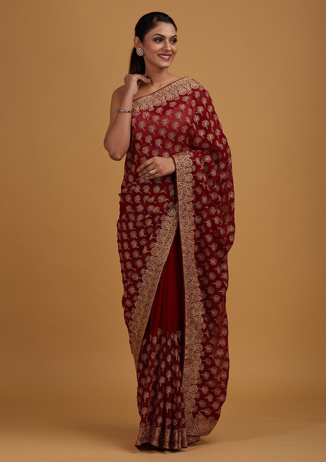 Maroon Zariwork Georgette Designer Saree - Koskii