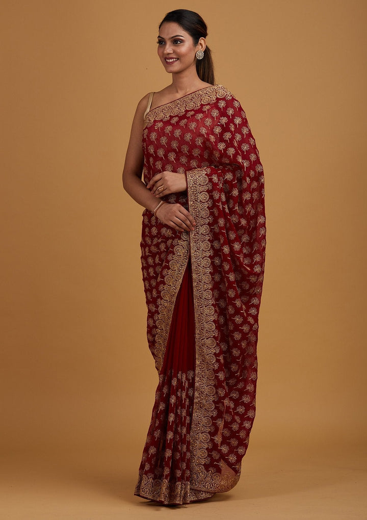 Maroon Zariwork Georgette Designer Saree - Koskii