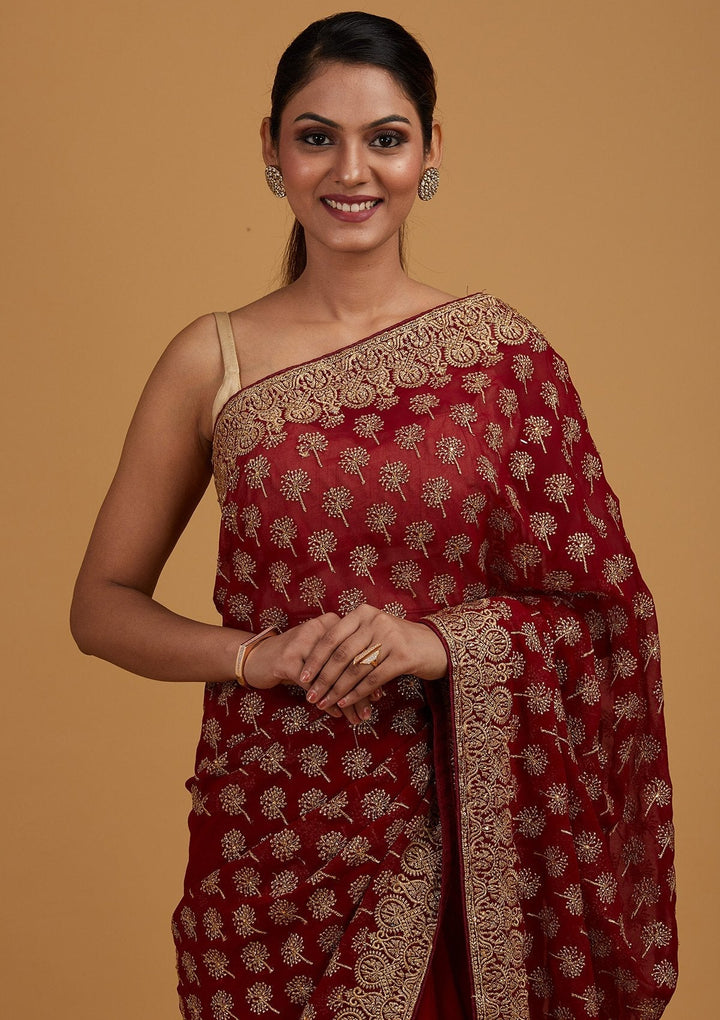 Maroon Zariwork Georgette Designer Saree - Koskii