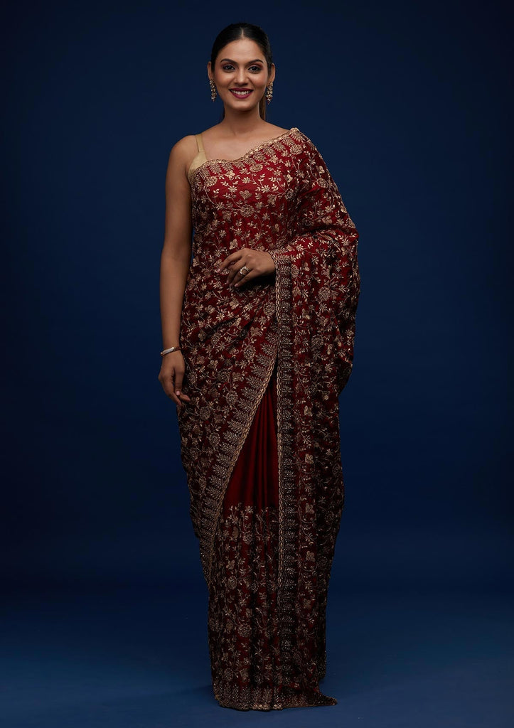 Buy Maroon Zariwork Silk Designer Saree - Koskii