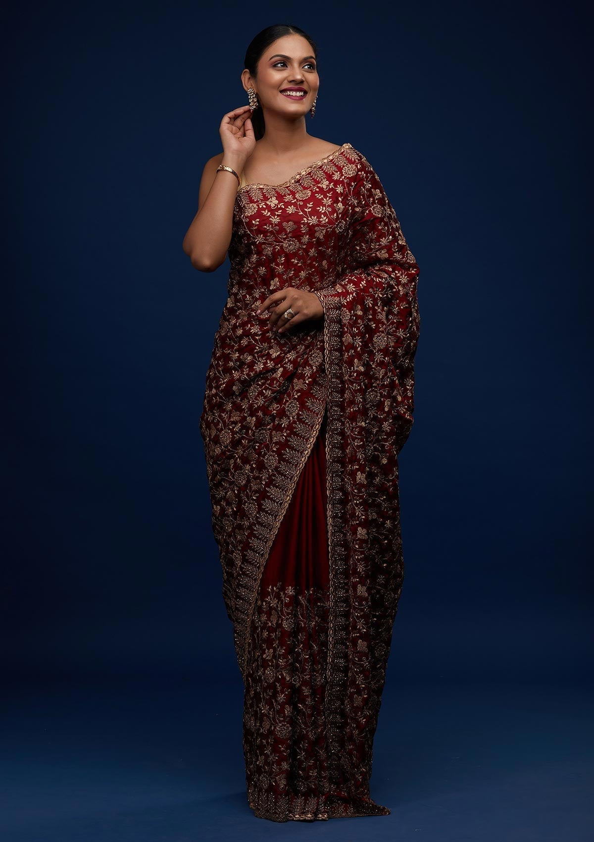 Buy Maroon Zariwork Silk Designer Saree - Koskii