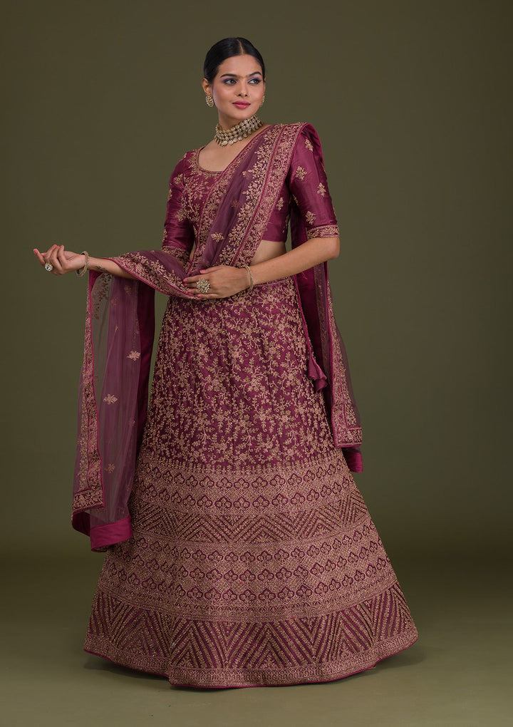 Maroon Zariwork Net Semi Stitched Lehenga-Koskii
