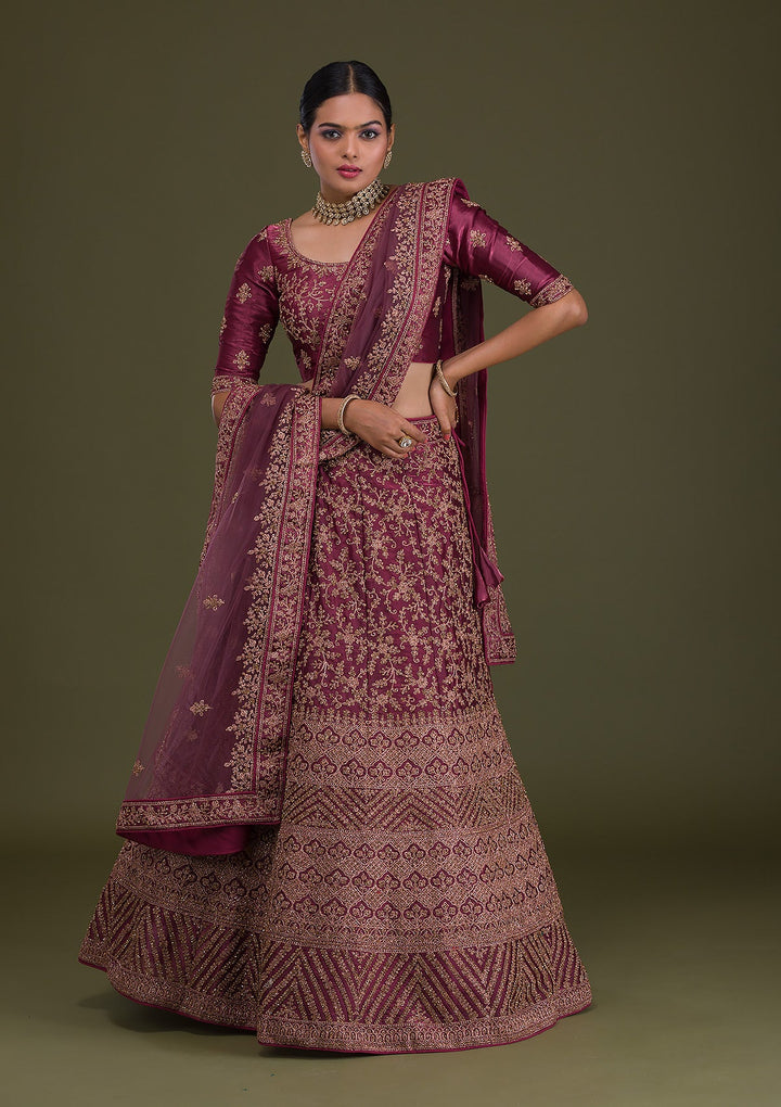 Maroon Zariwork Net Semi Stitched Lehenga-Koskii
