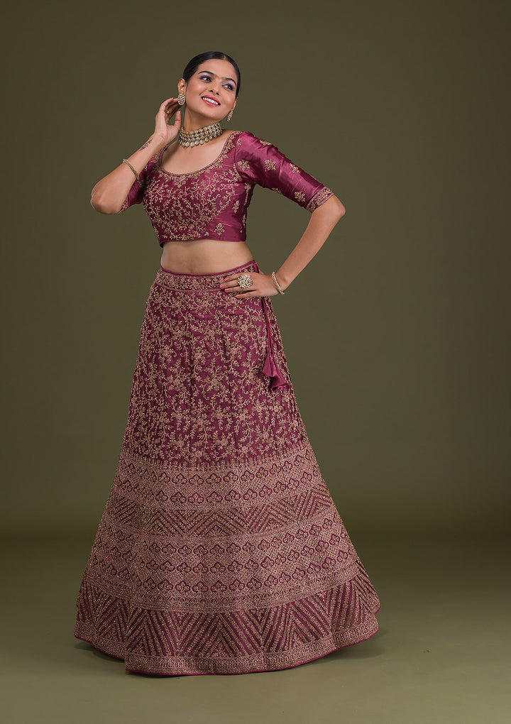 Maroon Zariwork Net Semi Stitched Lehenga-Koskii