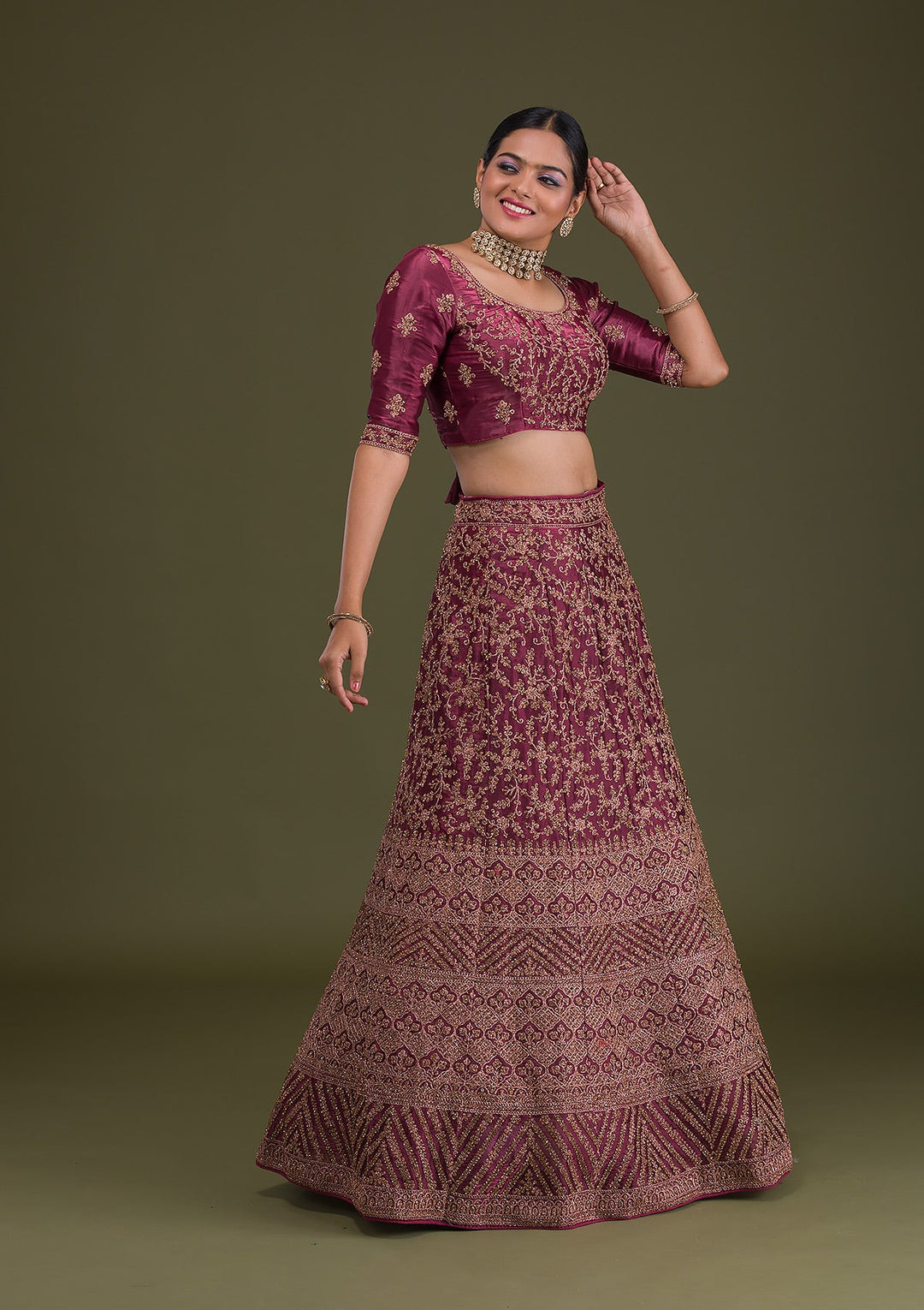 Maroon Zariwork Net Semi Stitched Lehenga-Koskii