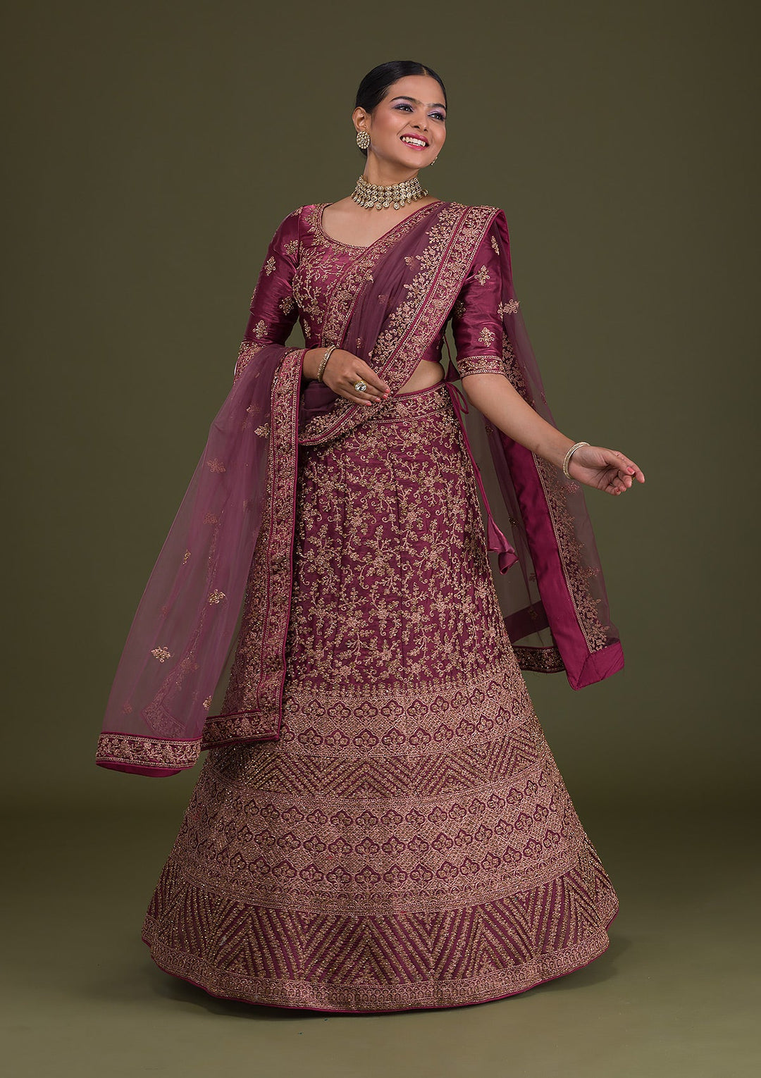 Maroon Zariwork Net Semi Stitched Lehenga-Koskii